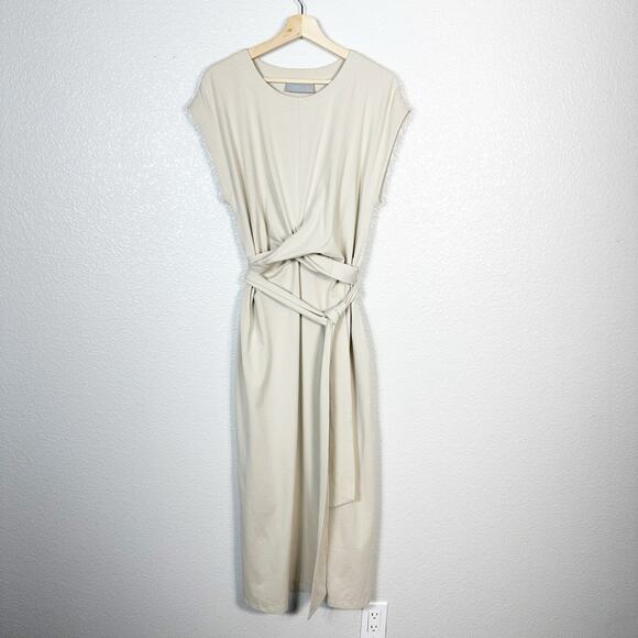 Modern Citizen Womens Fei Tie Front Organic Cotton Midi Dress Luxury Beige XL - Picture 1 of 11